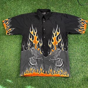 Vintage 90s Shaolin Black and orange flaming chrome dragon button-up shirt